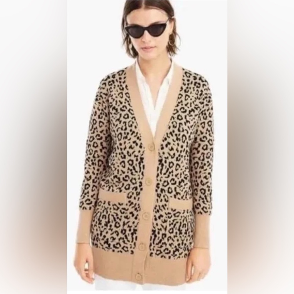 J.Crew V-neck Button-Up Cardigan Sweater Leopard Jacquard Print Tan Black Large